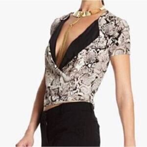BCBGMAXAZRIA blouse Alvie Snake skin Print Wrap Top SZ SM cropped brown black